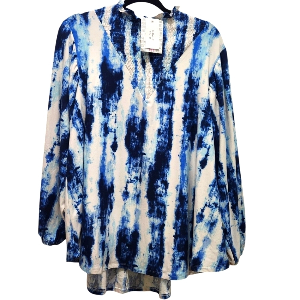 LuLaRoe Clara Smock Yolk Blouse Size M Blue White Tie Dye Ruffle Trimmed Collar